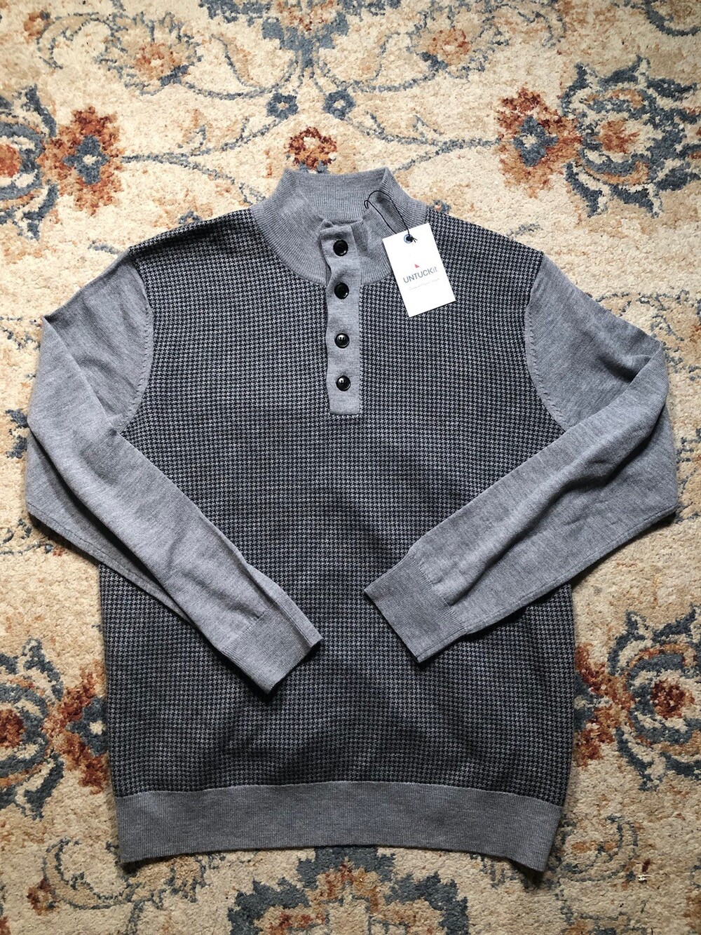 Untuckit Mazzocco Houndstooth Merino Wool Henley Sweater Men’s Size Large NWT